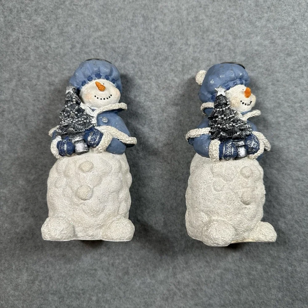 Snowman Taper Candle Holders Set Blue Winter Resin 2000 Christmas 7 In‎